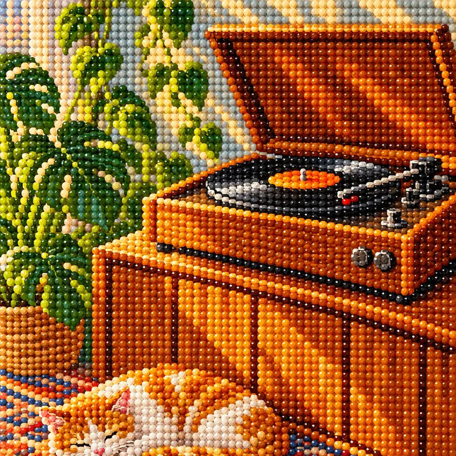 Close-up of drills on the turntable, wood console, and curled-up cat