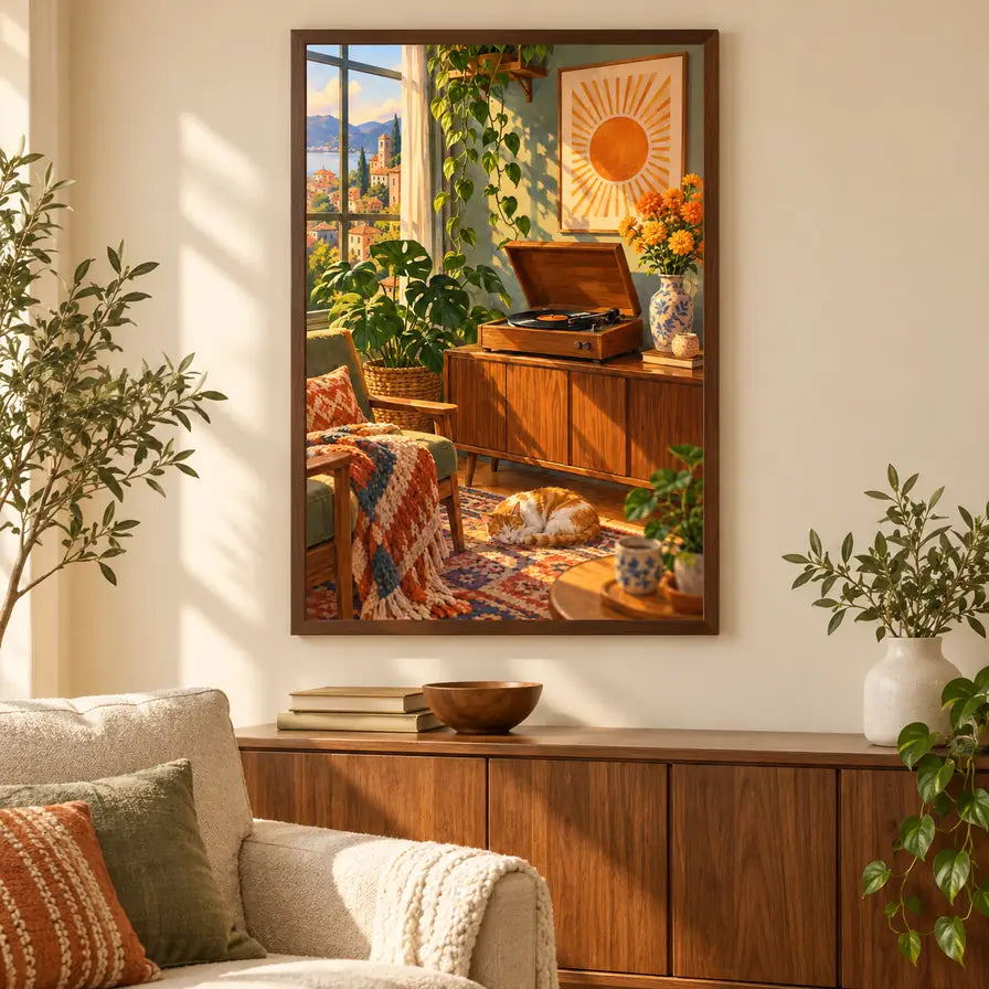 Cat by a vintage record player diamond painting displayed in a living room