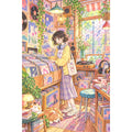 Original white-background artwork of a young woman browsing vinyl records among record-shop shelves