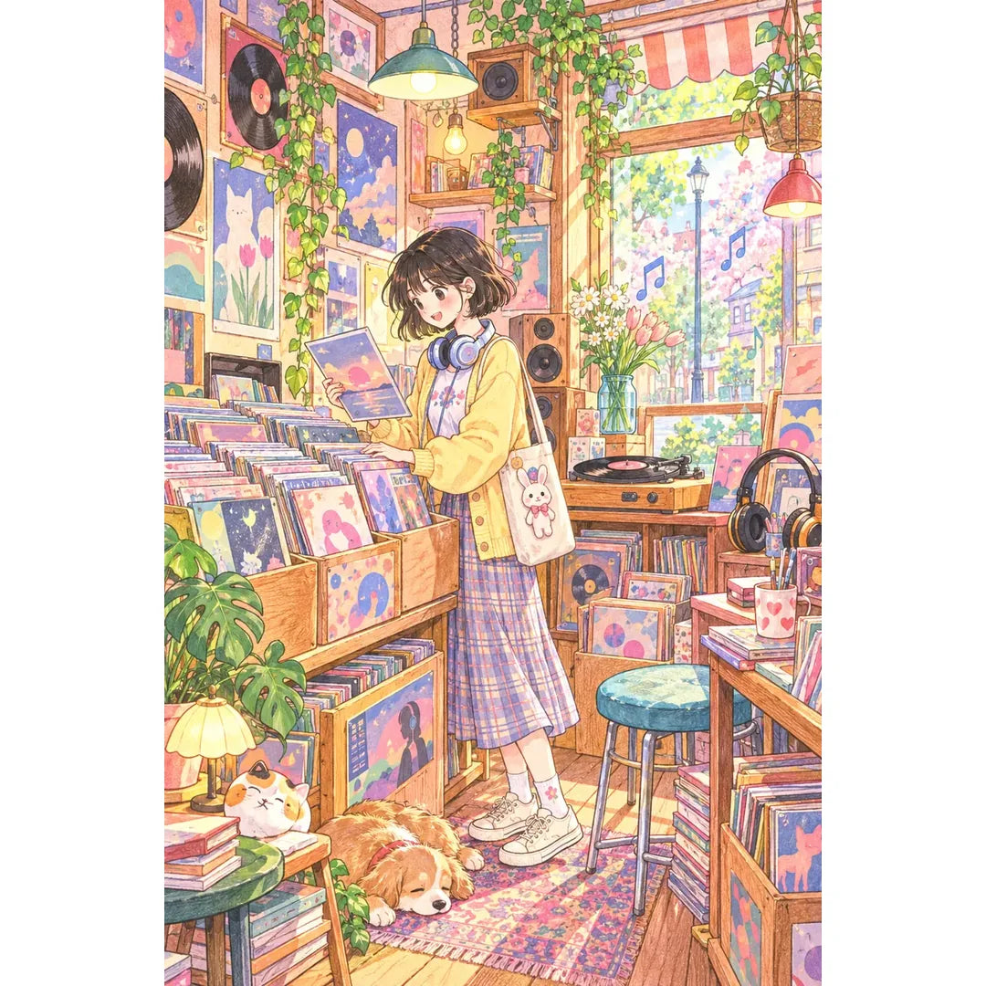Original white-background artwork of a young woman browsing vinyl records among record-shop shelves