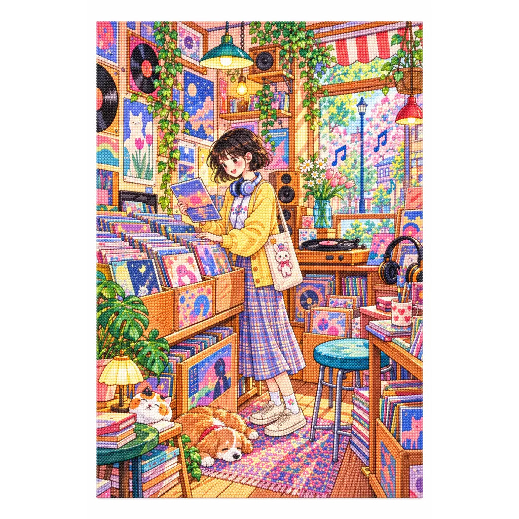 White-background diamond-painted canvas showing a young woman browsing vinyl records among record-shop shelves