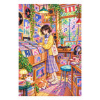 White-background diamond-painted canvas showing a young woman browsing vinyl records among record-shop shelves