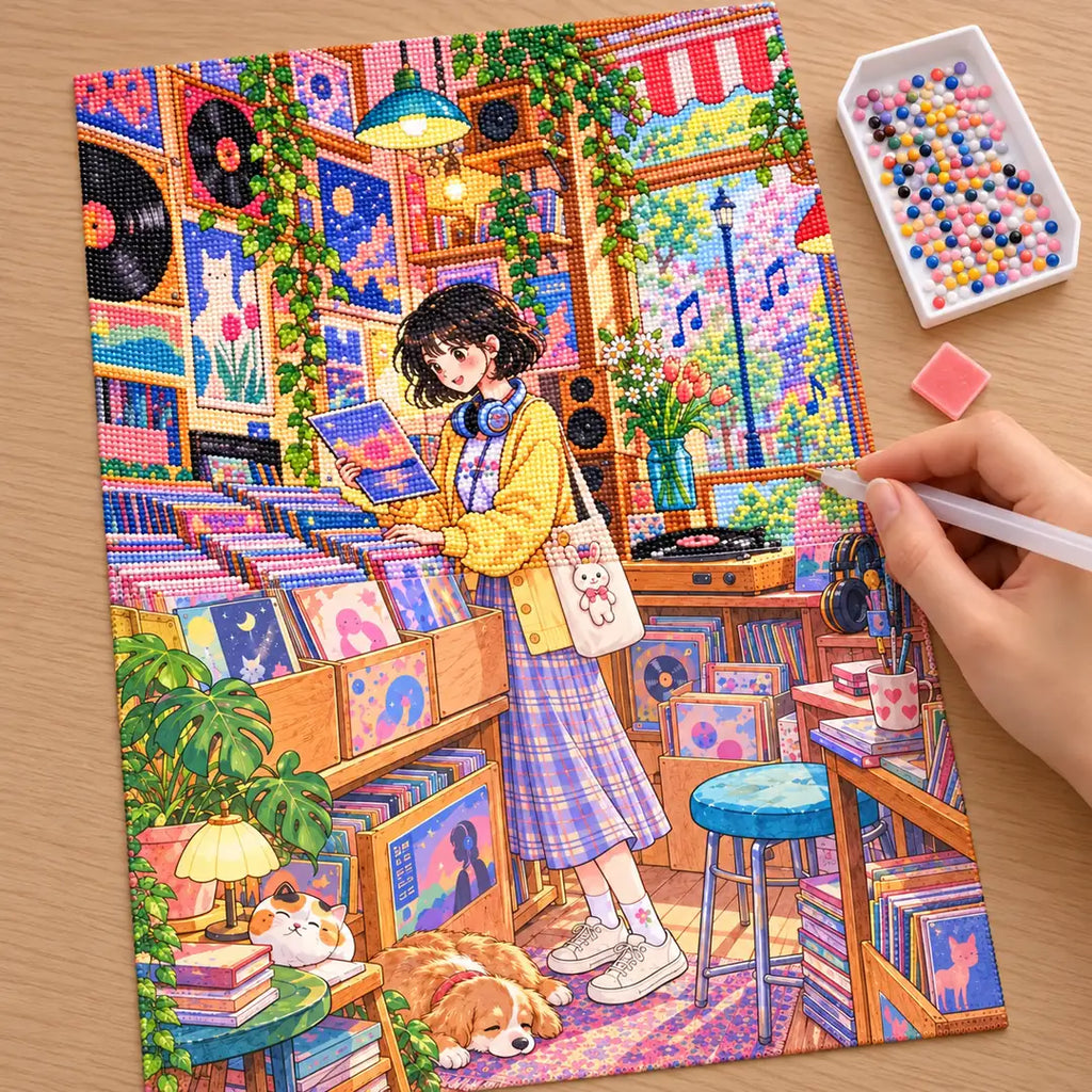 Hands placing diamond drills on the record shop girl canvas