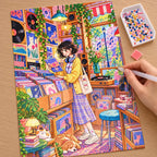 Hands placing diamond drills on the record shop girl canvas