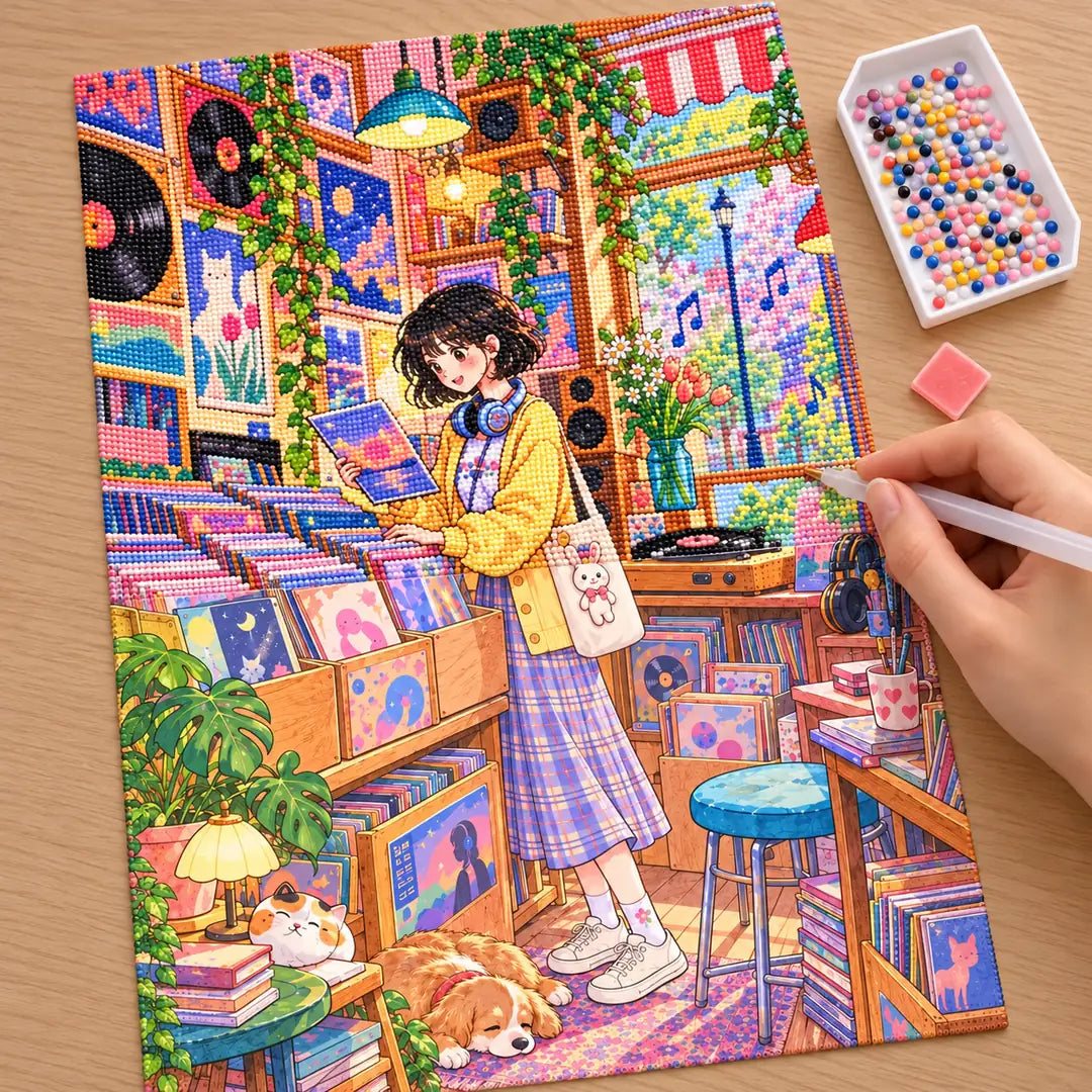 Hands placing diamond drills on the record shop girl canvas