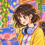 Close-up of faceted drills forming a young woman browsing vinyl records among record-shop shelves
