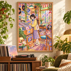 Framed diamond painting of a young woman browsing vinyl records among record-shop shelves displayed in a home interior