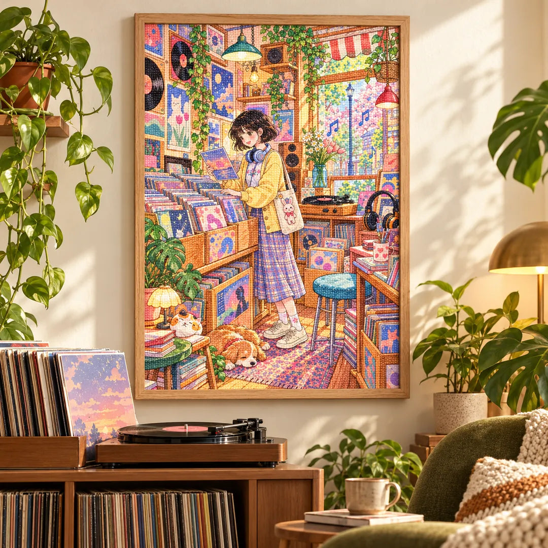 Framed diamond painting of a young woman browsing vinyl records among record-shop shelves displayed in a home interior