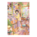 Original white-background artwork of a young woman browsing vinyl records among record-shop shelves