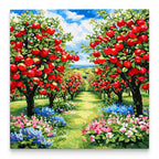 Red Apple Orchard Path paint by numbers artwork on a front-facing canvas against a white background