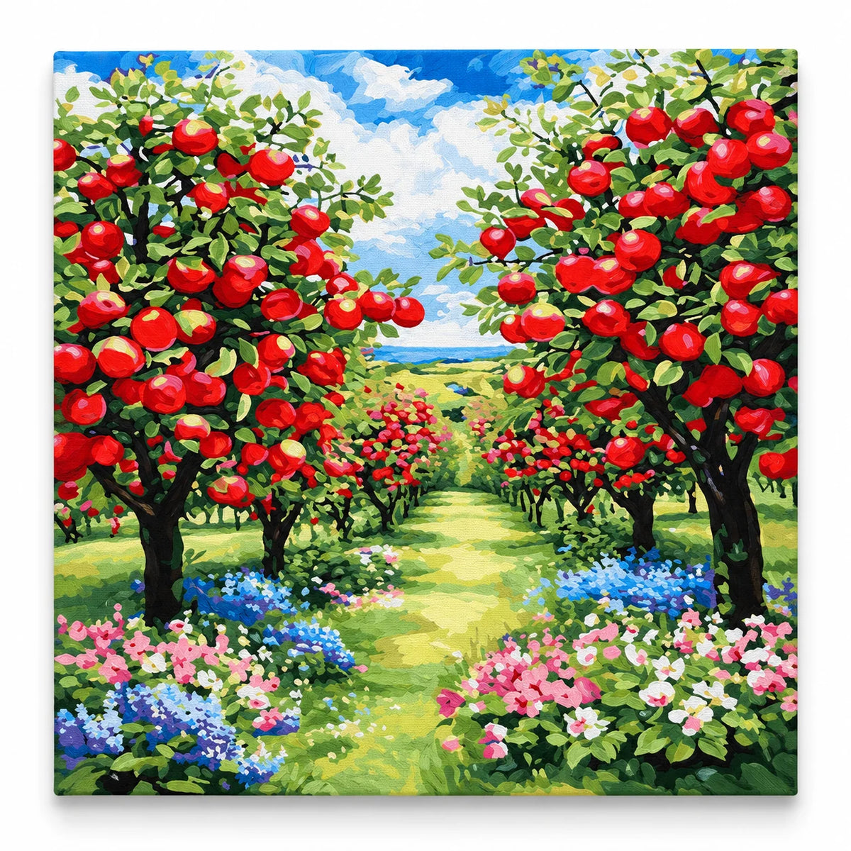 Red Apple Orchard Path paint by numbers artwork on a front-facing canvas against a white background