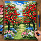 Complete Red Apple Orchard Path numbered canvas being painted with acrylic paints and brushes