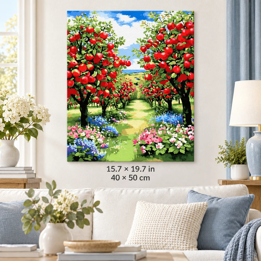Red Apple Orchard Path shown in a styled room with 15.7 × 19.7 in and 40 × 50 cm dimensions