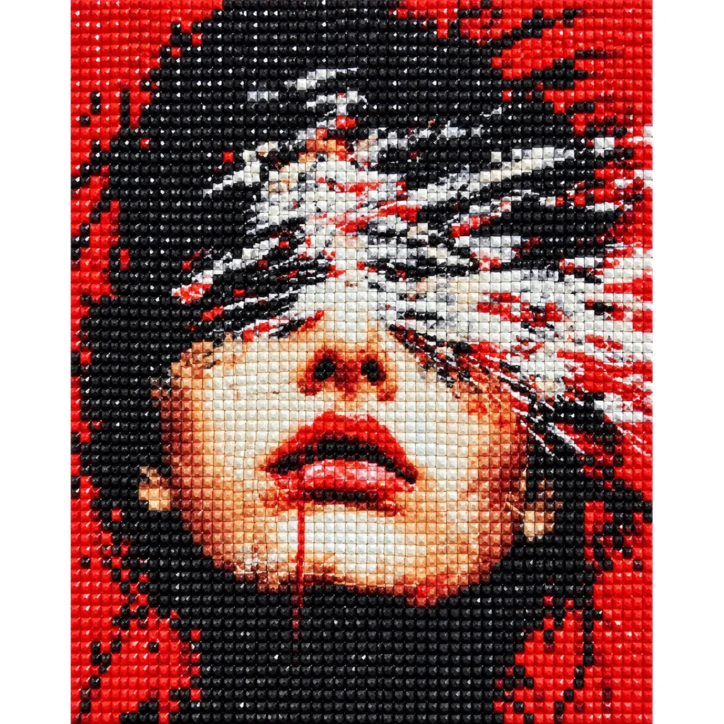 Red, Black and White Stroke Woman Portrait: detail