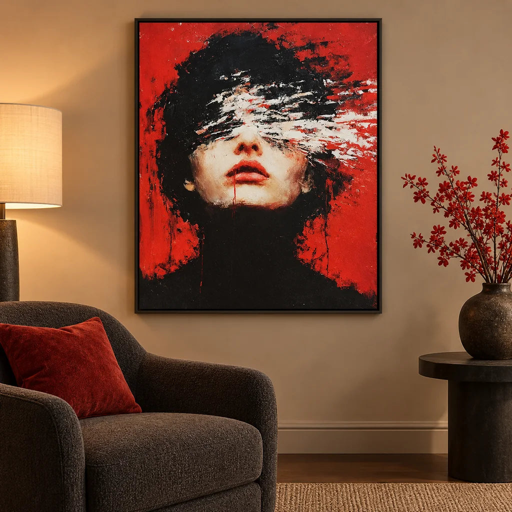 Red, Black and White Stroke Woman Portrait: scene