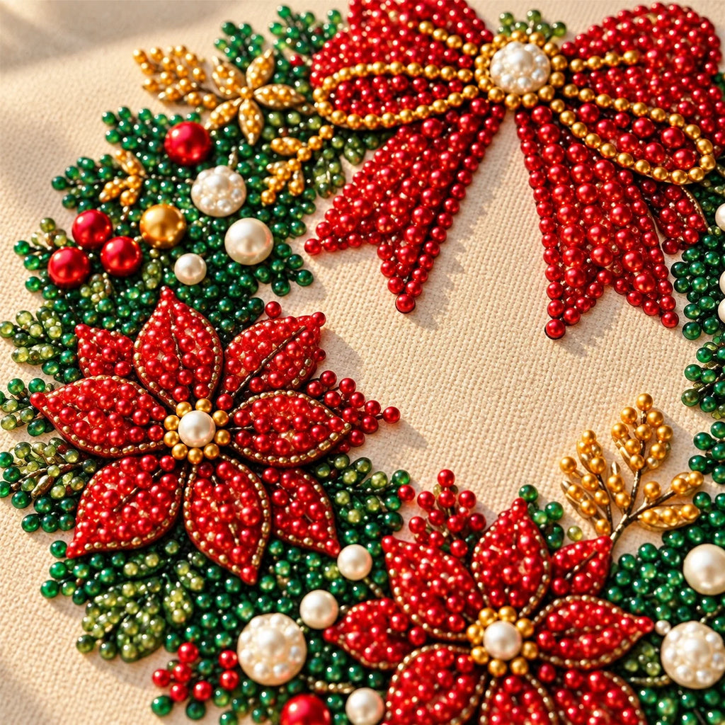 Red Bow Christmas Wreath pearl and canvas texture close-up, illustrative detail