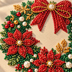 Red Bow Christmas Wreath pearl and canvas texture close-up, illustrative detail