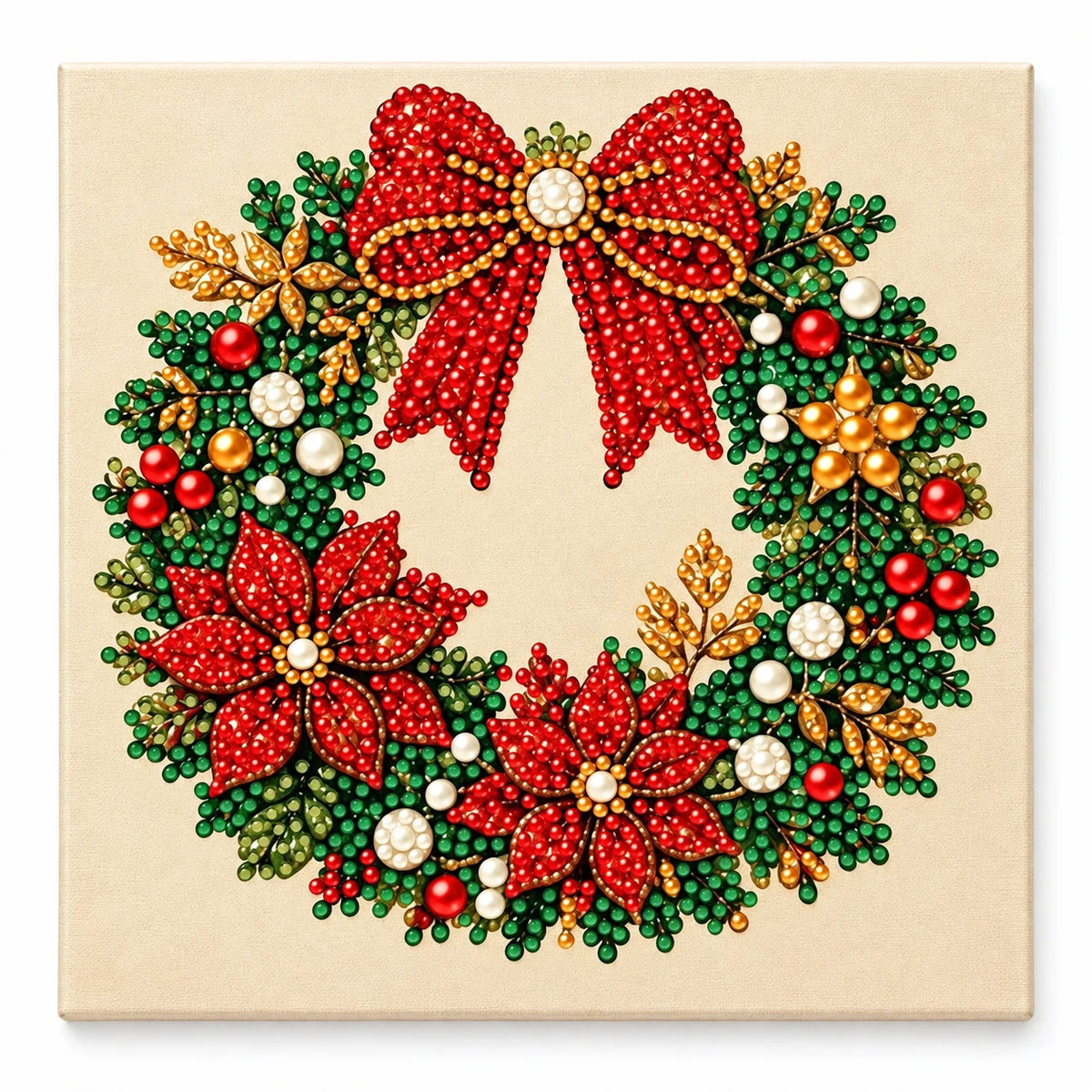 Red Bow Christmas Wreath pearl painting on a cream canvas, finished-effect illustration