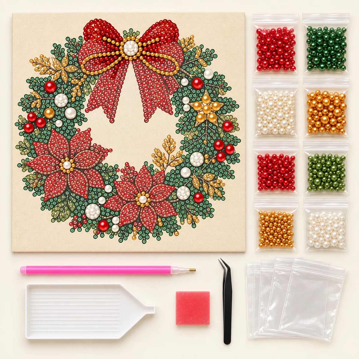 Red Bow Christmas Wreath canvas, matching pearls and DIY placement tools; kit illustration