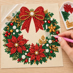 Illustrated process of placing pearls on the Red Bow Christmas Wreath printed canvas