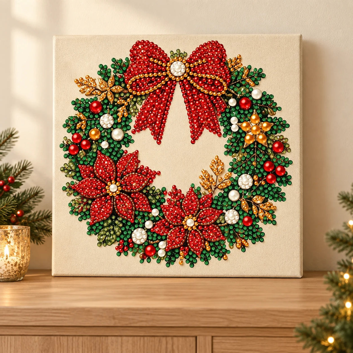 Red Bow Christmas Wreath finished-effect illustration in a holiday room; props not included