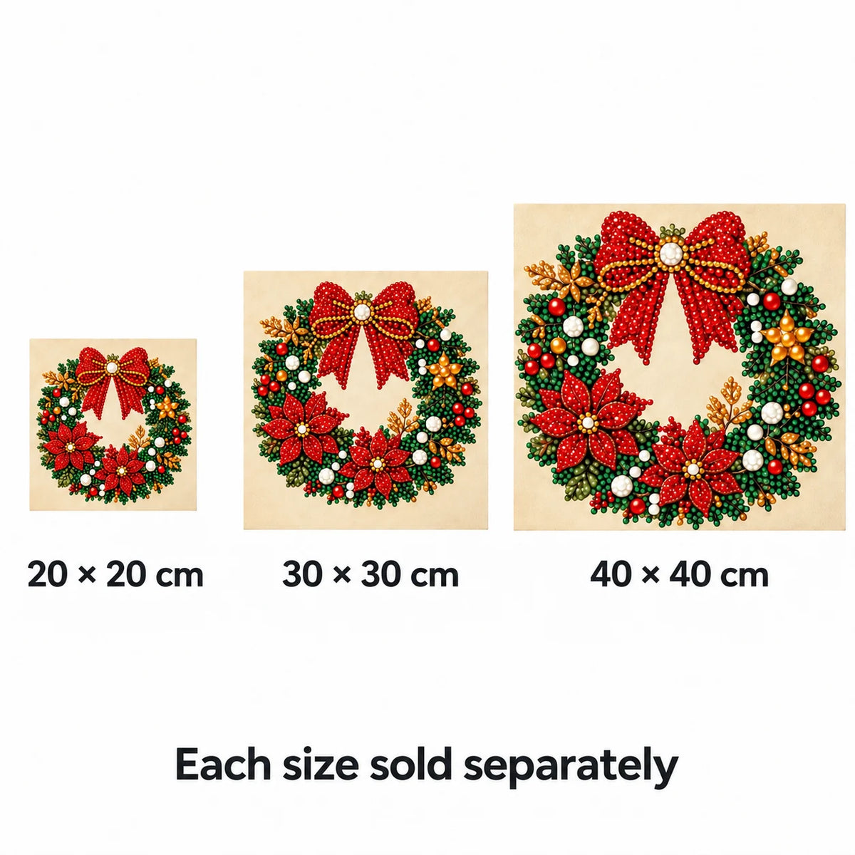 Red Bow Christmas Wreath size options: 20 × 20, 30 × 30 and 40 × 40 cm; each sold separately. Illustrative comparison.