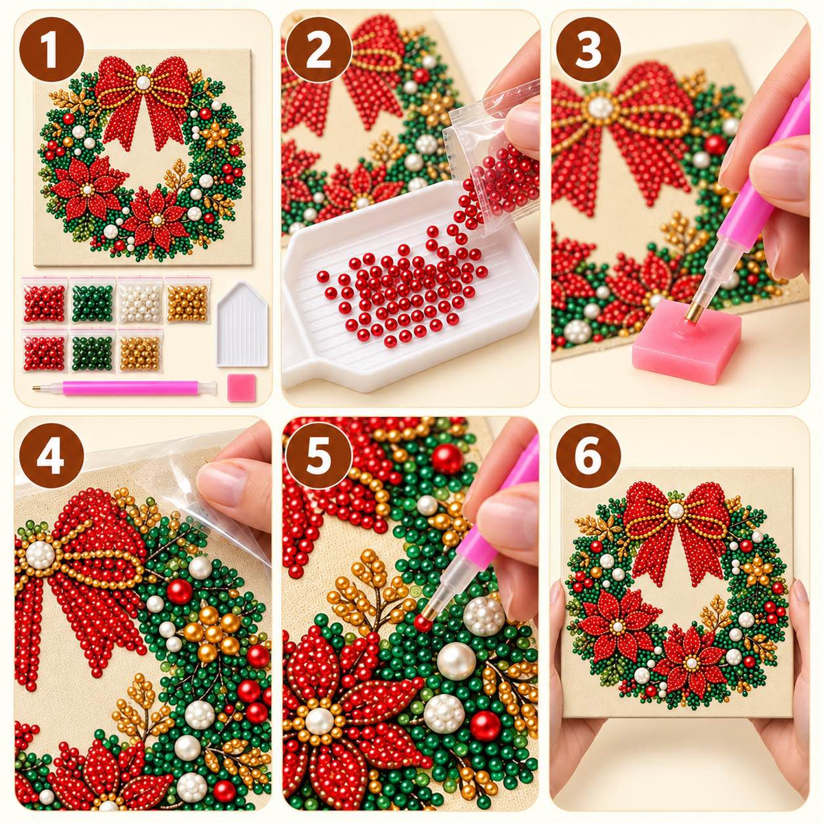 Six-step pearl painting tutorial for the Red Bow Christmas Wreath design.