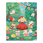 White-background original artwork of a blonde girl in a red bow surrounded by small forest animals and flowers
