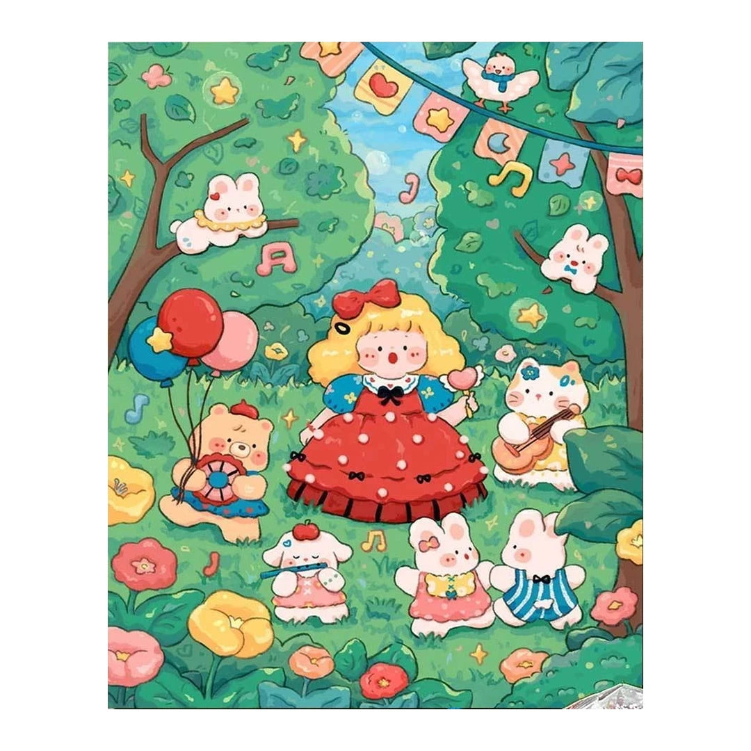 White-background original artwork of a blonde girl in a red bow surrounded by small forest animals and flowers