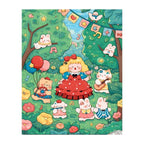 White-background original artwork of a blonde girl in a red bow surrounded by small forest animals and flowers