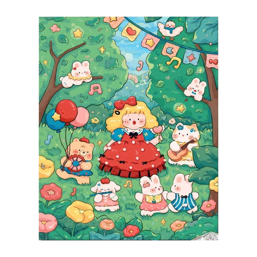 White-background original artwork of a blonde girl in a red bow surrounded by small forest animals and flowers