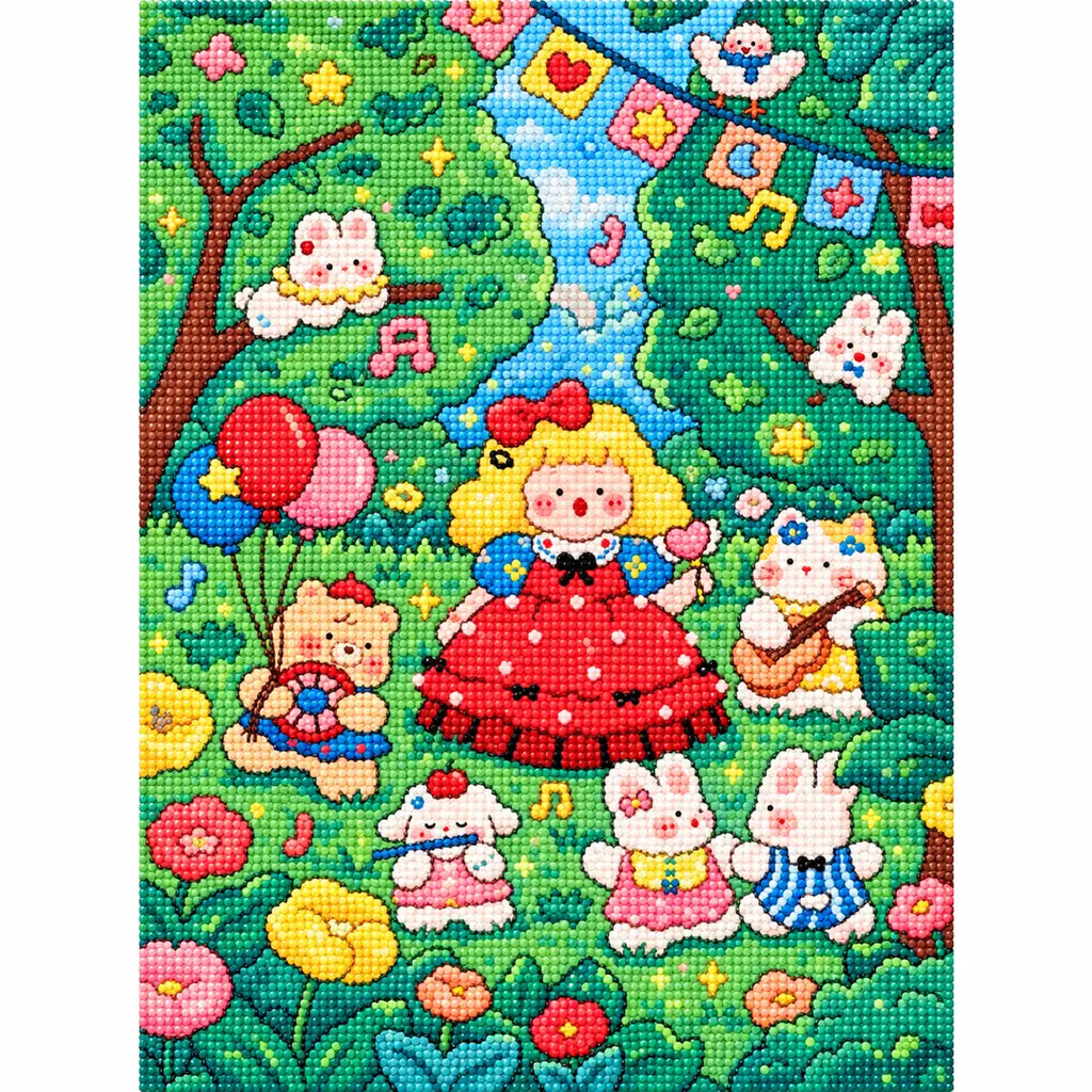 White-background diamondized artwork of a red bow girl with woodland animal friends