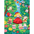 White-background diamondized artwork of a red bow girl with woodland animal friends