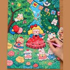 Diamond painting process showing a red bow girl and forest animals being completed with a stylus