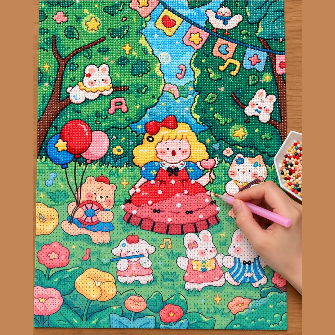Diamond painting process showing a red bow girl and forest animals being completed with a stylus