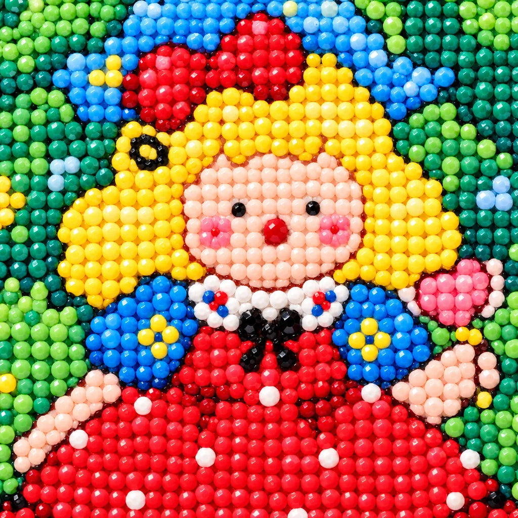 Close-up diamond drill detail of a red bow girl and tiny woodland animals
