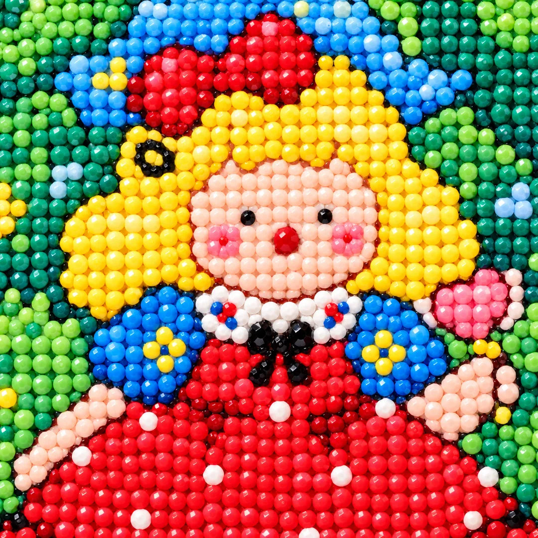 Close-up diamond drill detail of a red bow girl and tiny woodland animals