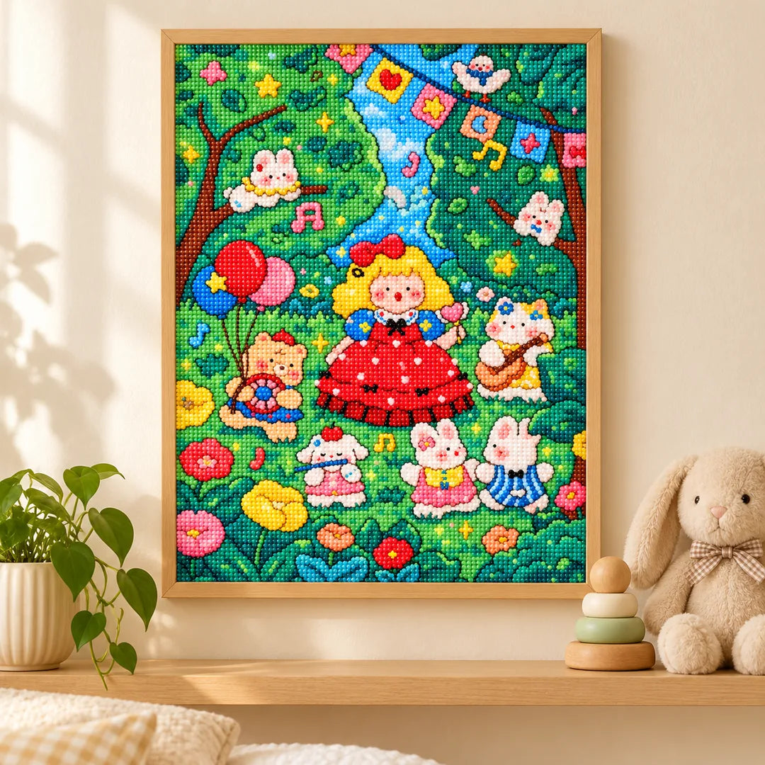 Framed red bow girl and forest friends diamond painting displayed as home decor