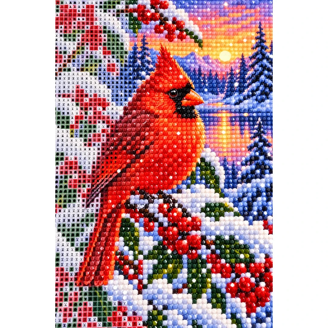 Red Cardinal Snowy Winter Berries Diamond Painting Kit — canvas and drill material detail