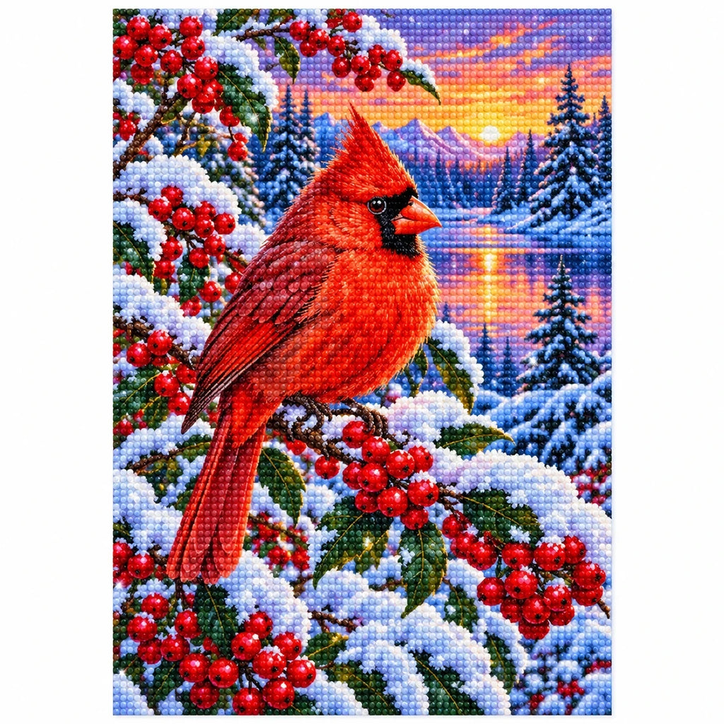 Red Cardinal Snowy Winter Berries Diamond Painting Kit — finished diamond painting on white background