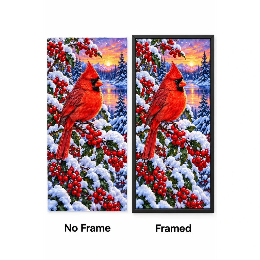 Red Cardinal Snowy Winter Berries Diamond Painting Kit — No Frame and Framed style comparison