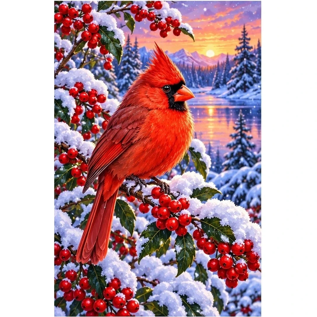 Red Cardinal Snowy Winter Berries Diamond Painting Kit — original white-background artwork