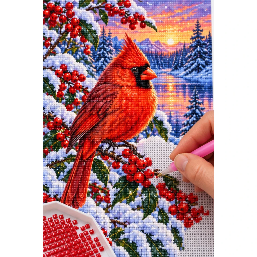 Red Cardinal Snowy Winter Berries Diamond Painting Kit — diamond painting application process