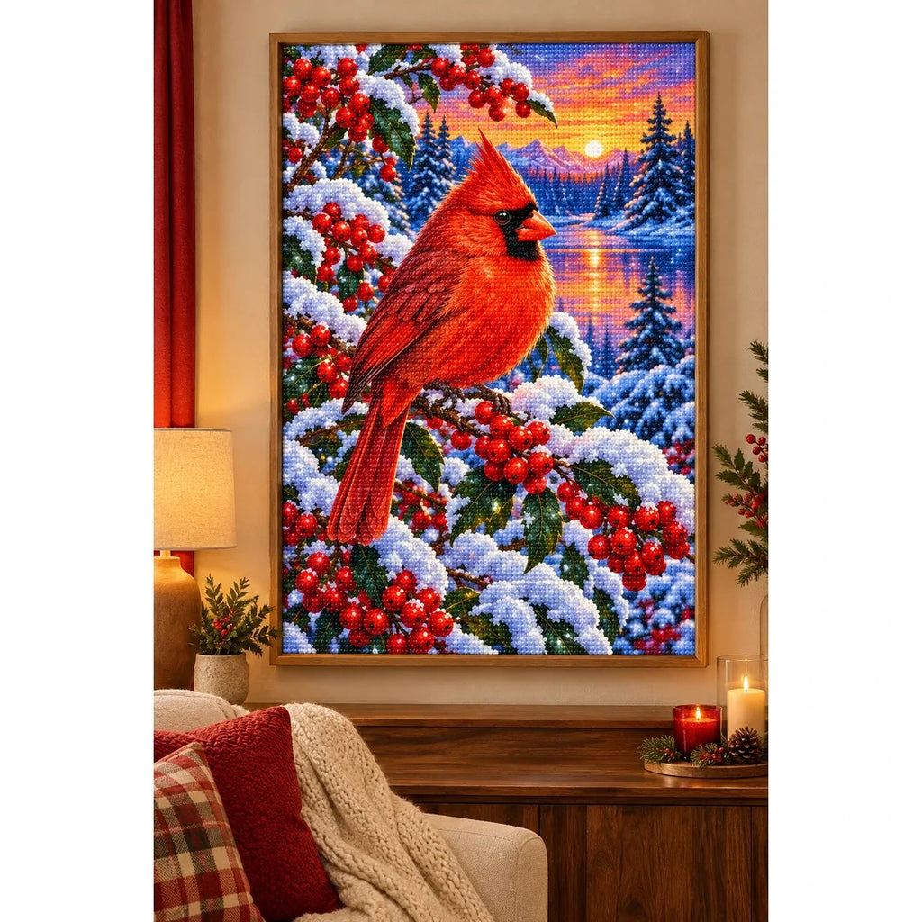 Red Cardinal Snowy Winter Berries Diamond Painting Kit — finished diamond painting in a home setting
