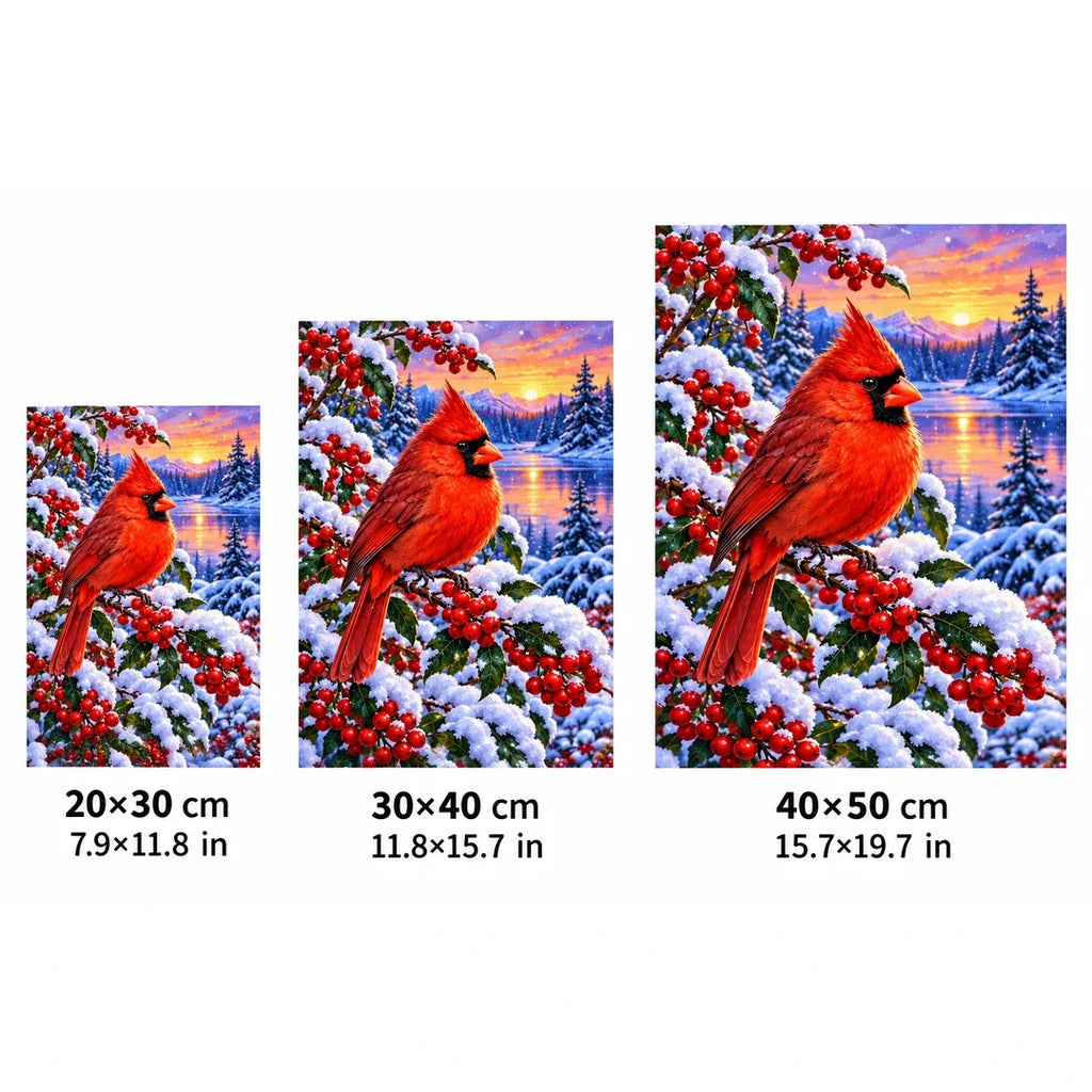 Red Cardinal Snowy Winter Berries Diamond Painting Kit — 20 by 30, 30 by 40, and 40 by 50 centimeter size guide