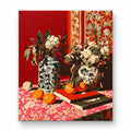 Red Chinoiserie Floral Still Life paint by numbers artwork on a front-facing canvas against a white background