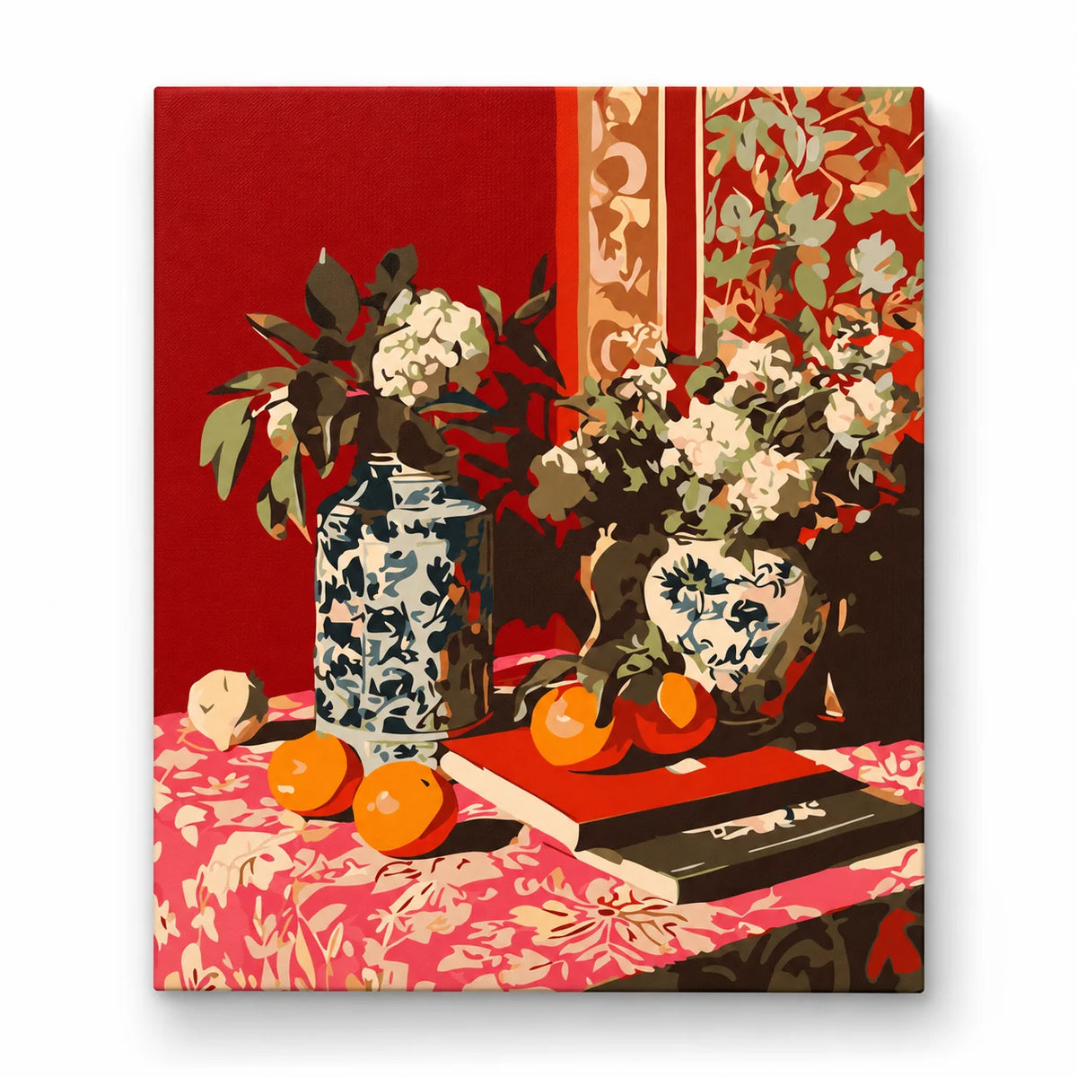 Red Chinoiserie Floral Still Life paint by numbers artwork on a front-facing canvas against a white background