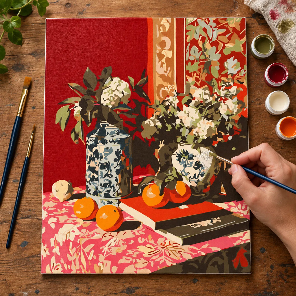 Complete Red Chinoiserie Floral Still Life numbered canvas being painted with acrylic paints and brushes