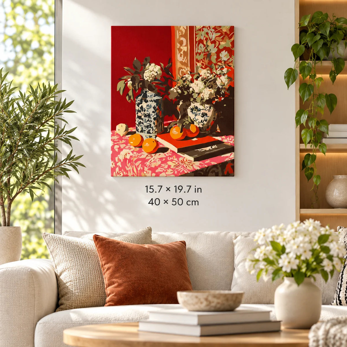 Red Chinoiserie Floral Still Life shown in a styled room with 15.7 × 19.7 in and 40 × 50 cm dimensions