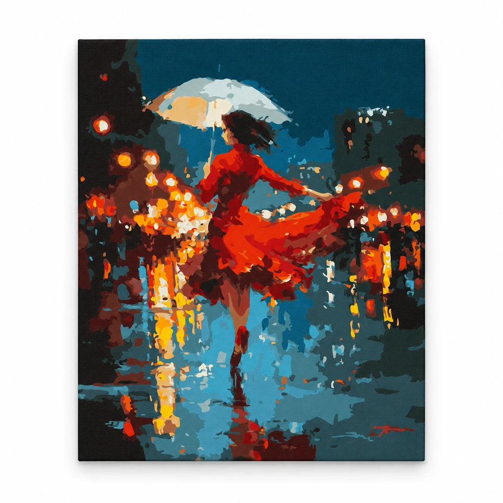 Red Dress Dancer in the Rain paint by numbers artwork on a front-facing canvas against a white background
